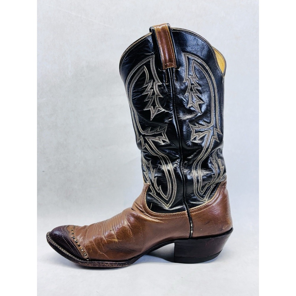 Tony Lama Two Tone Cowboy Boots 8.5D Brown Black Lizard Toe Vintage As Is - Picture 6 of 14